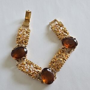 SARAH COVENTRY Honey "Amber" Glass Stones and Gilt Filigree Panel Vintage Bracel